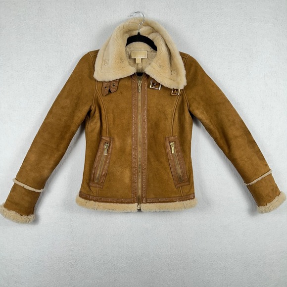 Michael Kors Suede Leather Sherpa Moto Jacket Lambs Wool Lined Spain Sz Small - Picture 1 of 16